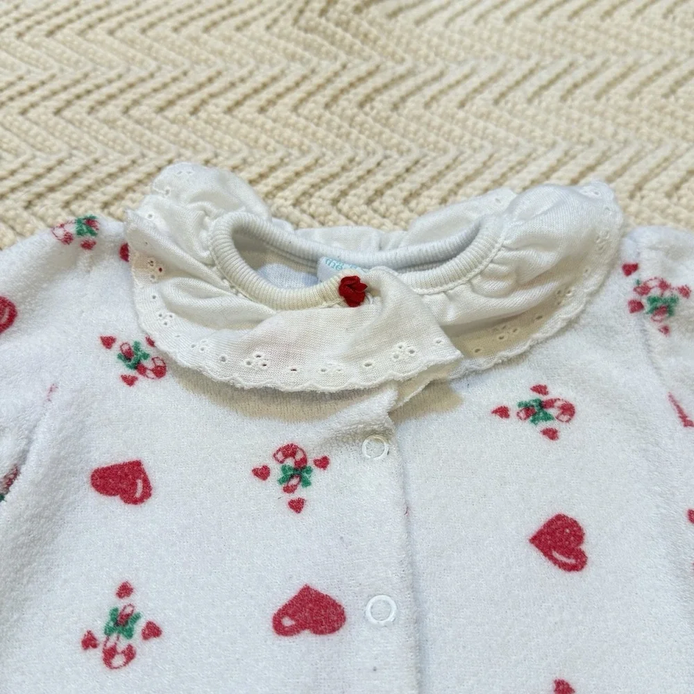 Hang in There Candy Cane Sleeper Size 6-9 Mo Hearts Terry Cloth XMas Bow VTG 90s